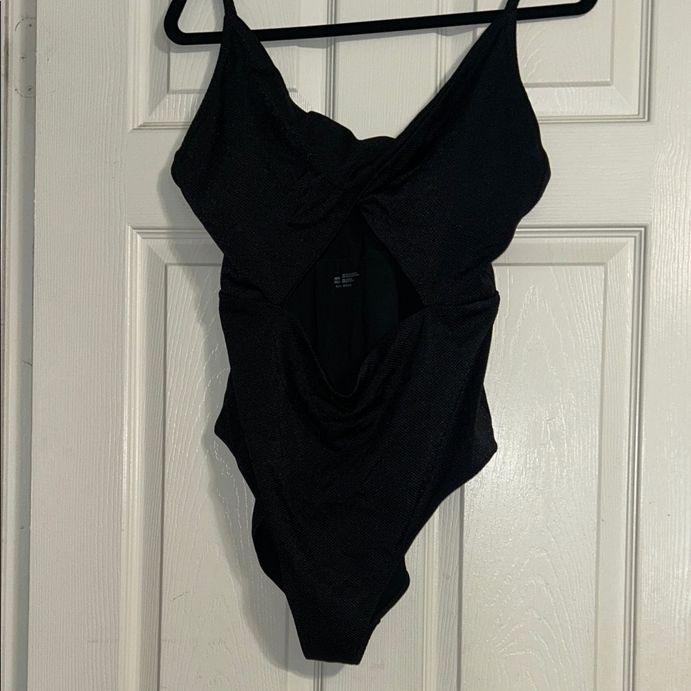Aerie Shine Pique Twist Scoop Black One Piece Swimsuit